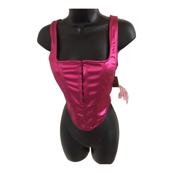 deep pink shaped hook n eye closure satin sheen effect sleeveless bustier size L - Picture 2 of 15